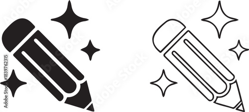 Set of Black Pencil Icons with Sparkles. Solid Fill and Outline Style Vector Graphic for Editing.