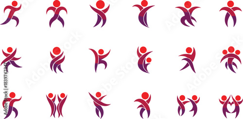 Abstract Human Figure Vector Icon Set, Dynamic People in Motion Logo Collection, Corporate Branding, Teamwork, Success, Health, Wellness, Community, Partnership