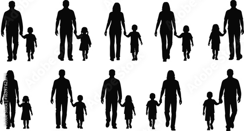Black silhouettes of diverse families walking together holding hands, representing love, parenthood, childhood innocence, outdoor activity, and secure family relationships,