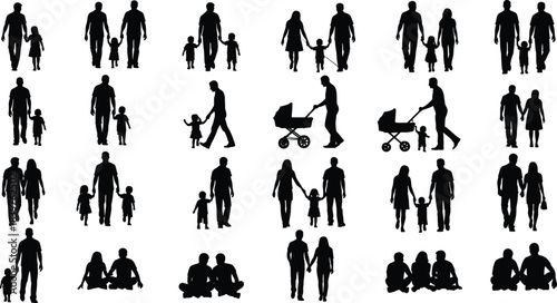 Family silhouettes walking, holding hands, and sitting, depicting loving father, mother, and child figures, symbolizing parenting, childhood, bonding, togetherness, and care,