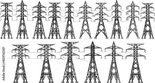 High-voltage power transmission line towers silhouette against a blue background, illustrating the complex global energy grid infrastructure, electrical engineering, industrial power distribution,