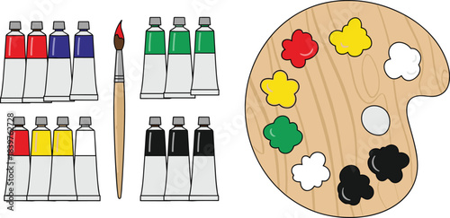 Title: Artist painting supplies collection: essential colorful acrylic watercolor oil paint tubes set, single wooden palette with primary and secondary color paint blobs, paintbrush tool, 