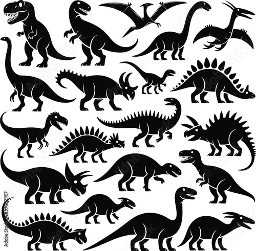 Dinosaur silhouette collection featuring T-rex, stegosaurus, triceratops, sauropods, and pterosaurs in bold black shapes for education, crafts, decorations, logos, and themed artwork