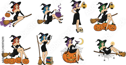 Cute pin-up witch illustrations featuring broomsticks, pumpkins, potions, Halloween themes, and colorful characters perfect for seasonal designs, posters, stickers, decorations, and artwork