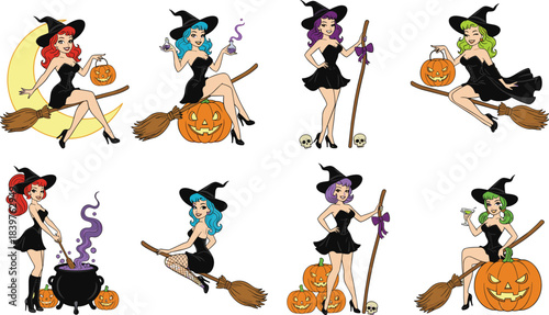 Pin-up Style Vintage Witches Collection Set on Brooms, Pumpkins, and Skulls, Celebrating a Retro and Sexy Halloween Theme for Design Projects