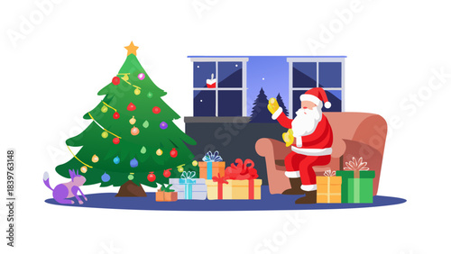 Santa quietly placing colorful wrapped gifts under a glowing Christmas tree at midnight, soft fireplace light, sleepy pets watching, warm cozy home atmosphere, magical holiday moment.
