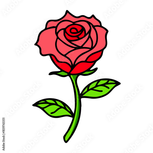 Vibrant Red Rose with Green Stem and Leaves.