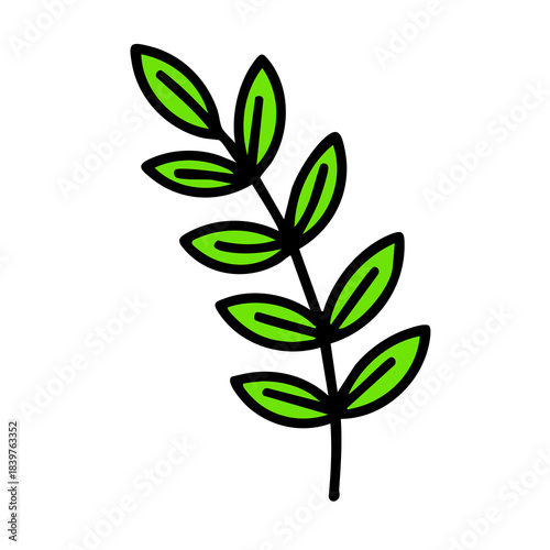 Simple Green Leaf Branch Illustration with Black Outline.