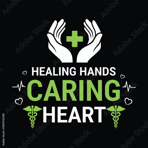 Healing hands caring heart medical logo design with green cross icon vector illustration