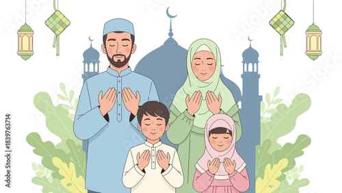 Muslim family greeting illustration with parents and children praying together in traditional clothing during Eid celebration with mosque and lantern background