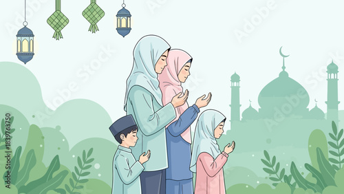 Muslim family illustration praying together in front of mosque with lantern decorations, symbolizing Islamic faith, harmony, and celebration during Eid and Ramadan