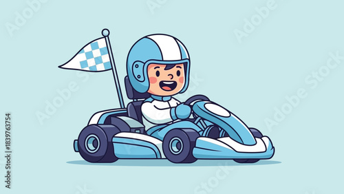 Cute cartoon go-kart racer illustration with smiling driver wearing helmet and waving checkered flag, designed for kids racing games and playful motorsport themes