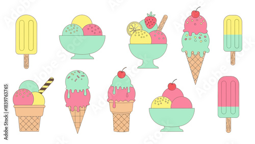 Cute ice cream dessert illustration set featuring cones, popsicles, cups, and scoops in pastel colors, perfect for summer treats, kids menus, and sweet food designs