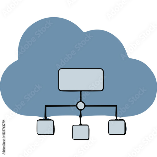 Cloud Computing Network Diagram Abstract Illustration With Blue Cloud Shape and Connected Rectangular Boxes and Squares Digital Technology Concept