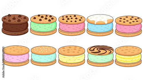 Colorful ice cream sandwich illustration set featuring chocolate, vanilla, strawberry, mint, and swirl flavors in cute cartoon style with soft pastel tones