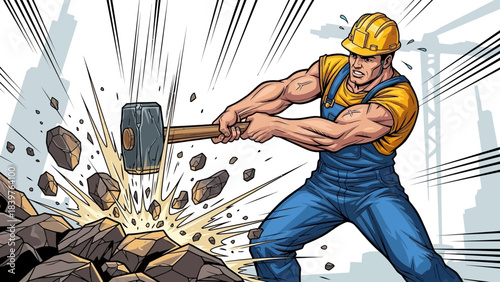 Strong construction worker illustration breaking rocks with a huge hammer at a worksite representing heavy labor, power, effort and industrial strength in comic art style