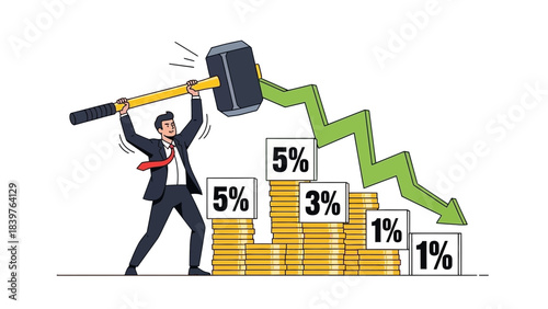 Businessman smashing a decreasing profit chart with a large hammer symbolizing economic crisis, falling revenue, financial loss and aggressive financial intervention attempt