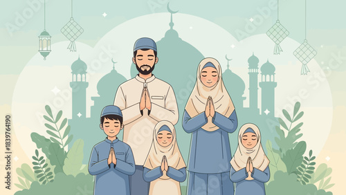 Muslim family illustration wearing traditional clothing praying together in front of a mosque background during a peaceful Islamic celebration with lantern decorations