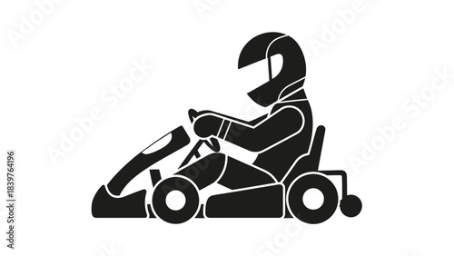 Black silhouette of a go kart driver wearing a helmet and racing suit seated in a kart vehicle representing motorsports and speed in a simplified vector illustration style