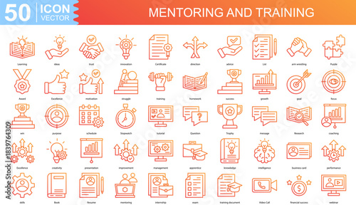 Mentoring and Training icon collection set. Containing Learning, ideas, trust, innovation, Certificate, direction icon
