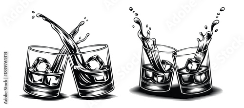 Two glasses of whiskey cheers glass, Dynamic splash of liquid from two glasses filled with ice and water, Two glasses with ice cubes, as liquid splashes, Vector illustration