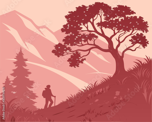 Winter snow-capped mountain landscape with trees and peaks