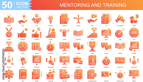 Mentoring and Training icon collection set. Containing Learning, ideas, trust, innovation, Certificate, direction icon