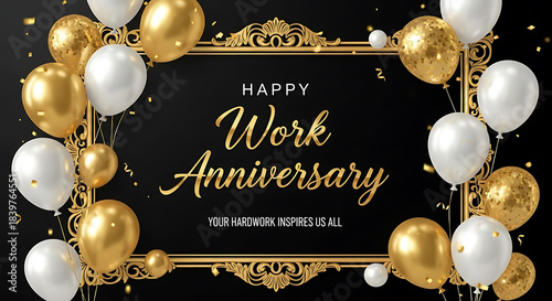Gold and white balloons surround black frame with happy work anniversary text celebration event