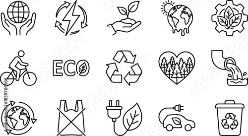 Set of linear ecology icons depicting sustainability, recycling, renewable energy, electric vehicles, nature conservation, and environmental protection concepts for global awareness.