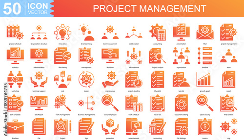 project management icon collection set. Containing project schedule, Organization structure, innovation, brainstorming, team management, collaboration, accounting icon
