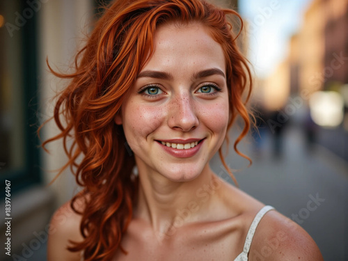 Cheerful red-haired woman smiling outdoors in a vibrant city street portrait