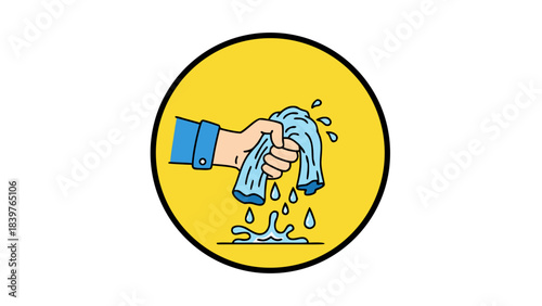 Illustration Of A Blue Shirt Being Wrung Out By A Hand Dripping Water Inside A Yellow Circle With A Black Background