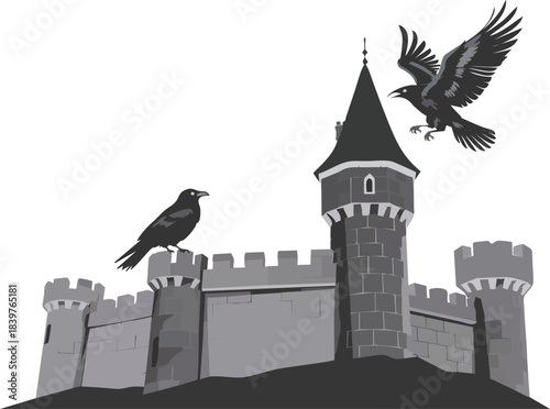 Dark Crows on Medieval Castle Walls – Clean Vector Gothic Fortress Illustration
