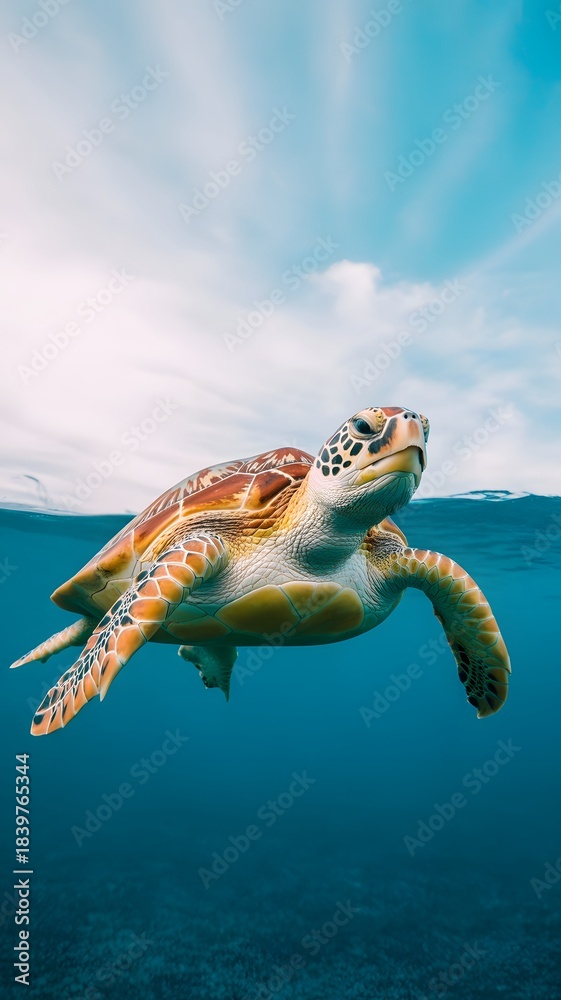 Obraz premium Graceful sea turtle swimming freely in vibrant blue ocean waters under a clear sky