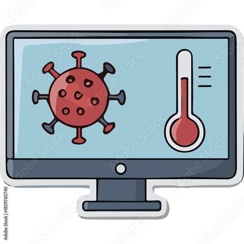 Computer Monitor Displaying a Red Coronavirus Molecule and a Thermometer Showing Elevated Temperature Against a Light Blue Background Digital Art Illustration