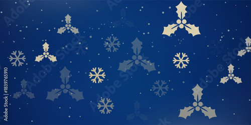 Sparse snowfall Christmas background. Subtle flying snow flakes and stars on dark blue night background. Beauteous winter silver snowflake overlay template. Symmetrical vector illustration.