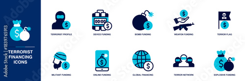 Terrorist Financing Blue Colored Outline Icon Set