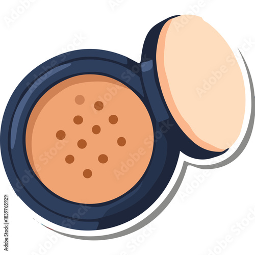 Cosmetic Powder Compact with Applicator Pad Showing Light Tan Powder with Tiny Holes against a White Background Detailed Product Illustration