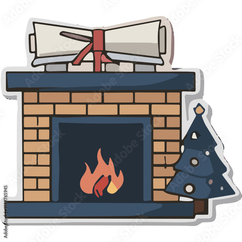 Cozy Brick Fireplace With Burning Fire and Decorated Christmas Tree on a Snowy Day Warm Glow of the Hearth Evokes Festive Holiday Spirit