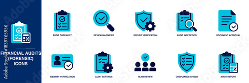 Financial Audits (Forensic) Blue Colored Outline Icon Set