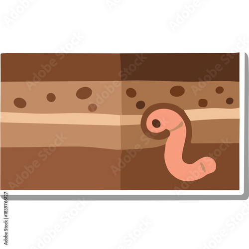 Cutaway illustration of soil layers with a pink earthworm burrowing through the earth in a natural environment under soft lighting