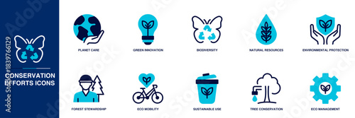 Conservation Efforts Blue Colored Outline Icon Set