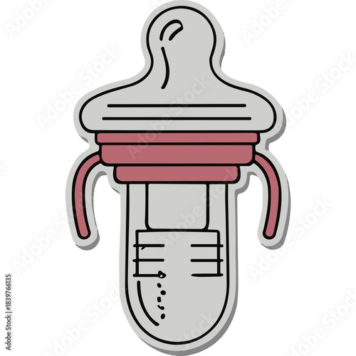 Cute Cartoon Baby Bottle With Handles For Easy Grasping Light Gray And Pink Colors With Measurement Markings For Milk Formula or Water Against A Black Background With Soft Shadow