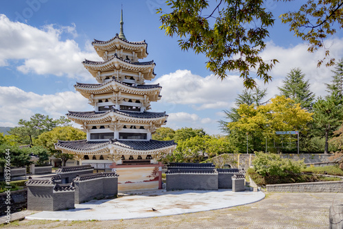 Bomun Tower pagoda building in Bomun Tourist Complex in Gyeongju, Korea