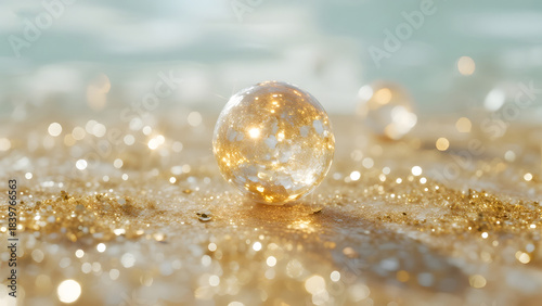 Golden Sphere, Bokeh Background, Sparkling Sand, Crystal Ball, Light Reflection, Luxury Design, Festive Decor
