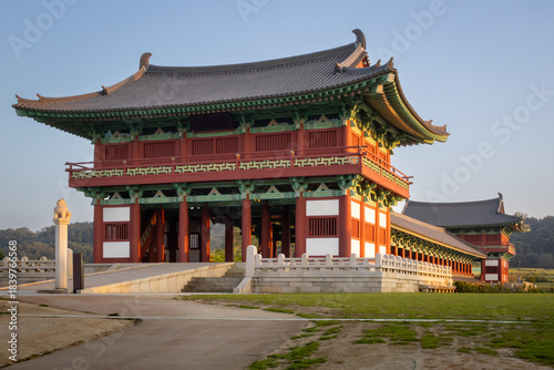 A view of the entrance of the ancient Woljeonggyo Bridge taken around sunset