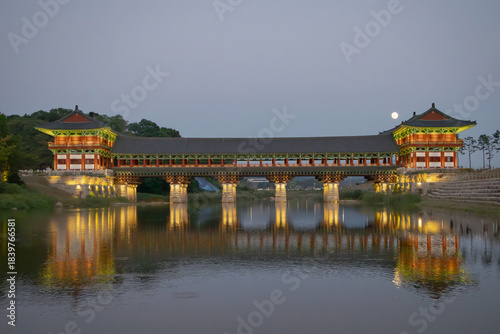 Views of Woljeonggyo wooden bridge in Gyoengju, South Korea taken during blue hour evening