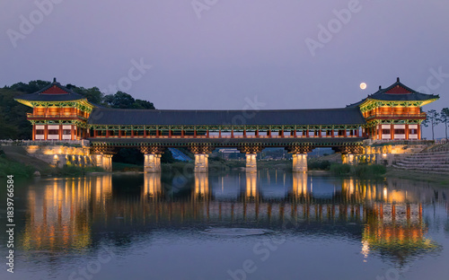 Views of Woljeonggyo wooden bridge in Gyoengju, South Korea taken during blue hour evening