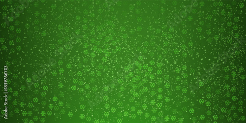 Beautiful snowfall christmas background. Subtle flying snow flakes and stars on christmas green background. Beautiful snowfall overlay template. Wide vector illustration.
