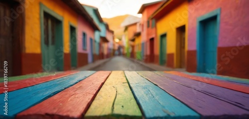 Fototapeta Naklejka Na Ścianę i Meble -  Vibrant Small Town Street Scene with Colorful Buildings, Rainbow Table, and Mountain Range Background  Lively and Colorful Setting